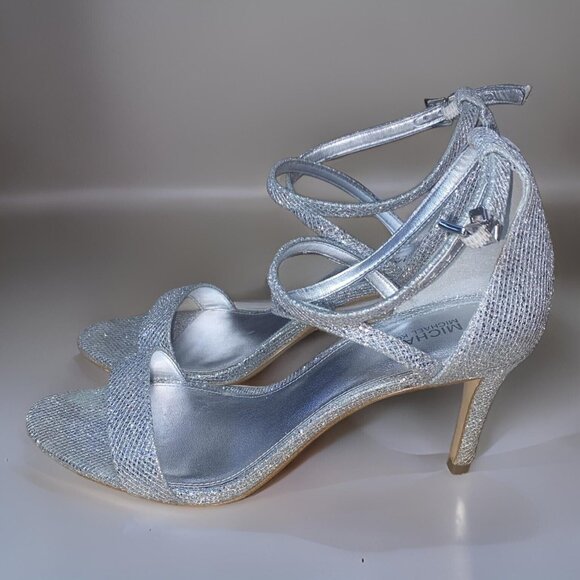 MICHAEL KORS AVA Mid Heel Strappy Sandal SILVER Glitter Evening Size 7.5 - Picture 1 of 16
